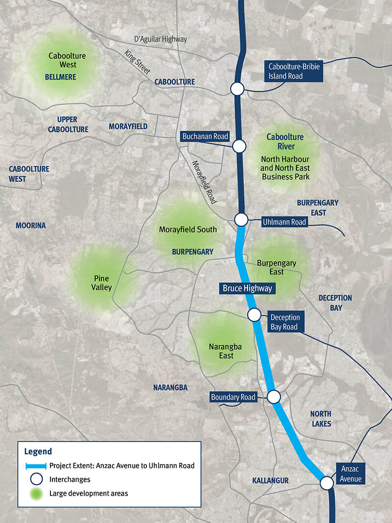 A project location map which highlights upgrade plans between Anzac Avenue and Uhlmann Road on the Bruce Highway. 